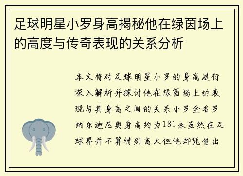 足球明星小罗身高揭秘他在绿茵场上的高度与传奇表现的关系分析