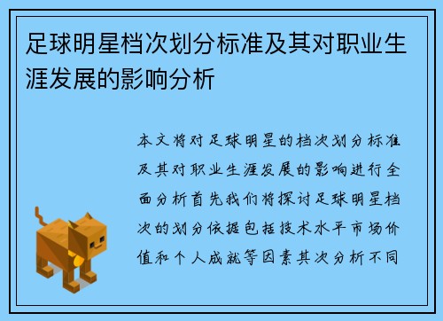 足球明星档次划分标准及其对职业生涯发展的影响分析