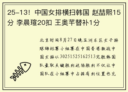25-13！中国女排横扫韩国 赵喆熙15分 李晨瑄20扣 王奥芊替补1分